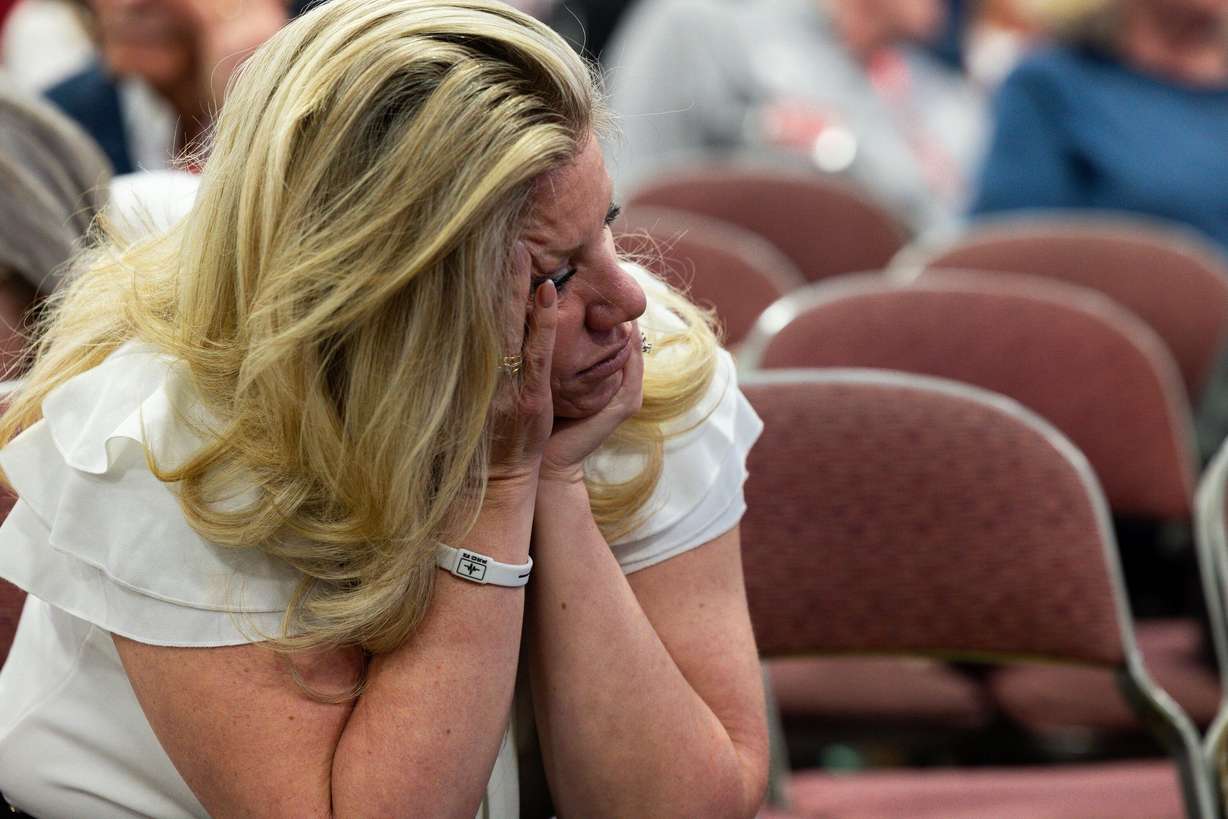 As things run into the night, delegates start to tire at the Utah Republican Party state nominating convention at the Salt Palace Convention Center in Salt Lake City on Saturday.