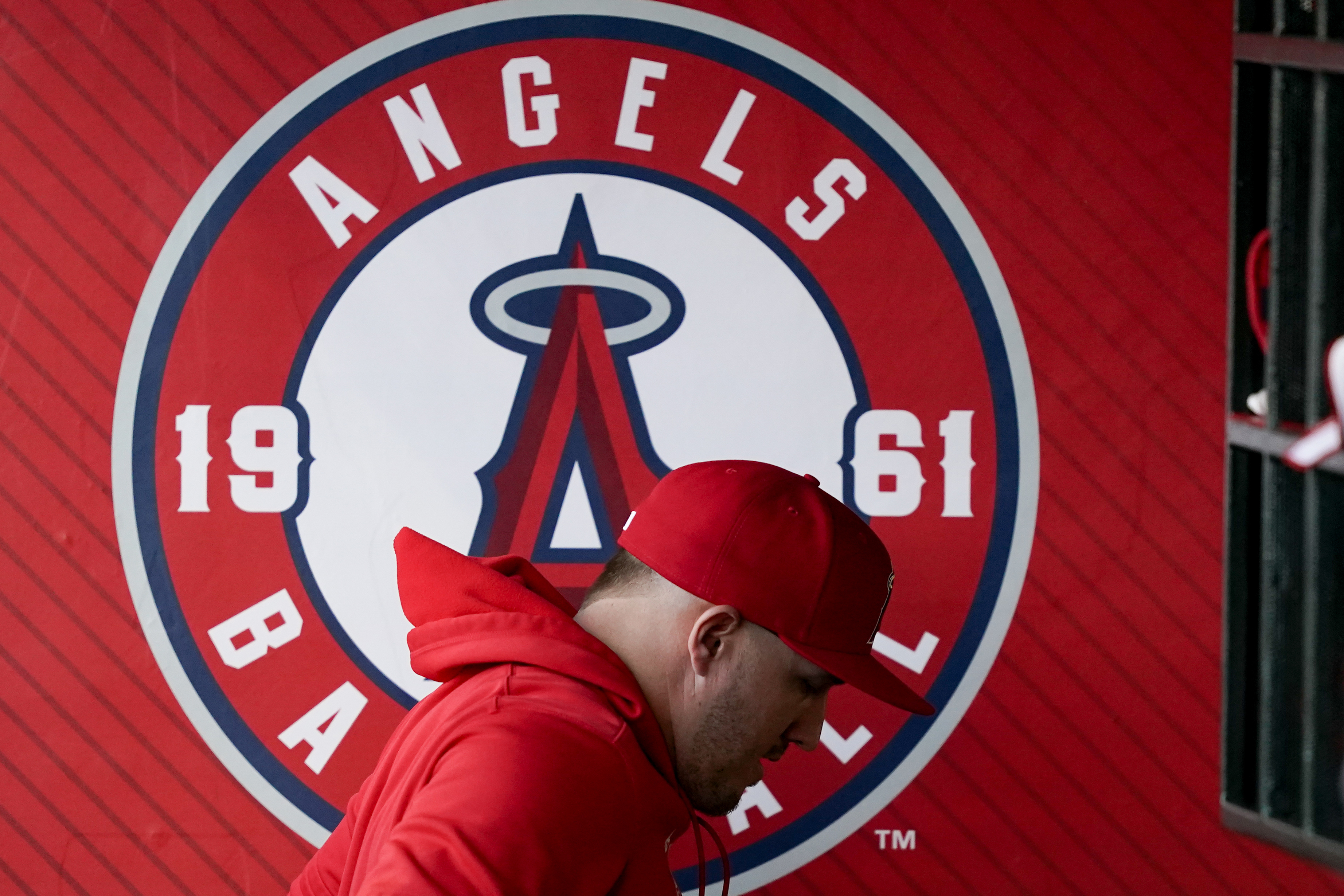 Los Angeles Angels center fielder Mike Trout leaves the dugout before a baseball game against the Philadelphia Phillies, Tuesday, April 30, 2024, in Anaheim, Calif. 