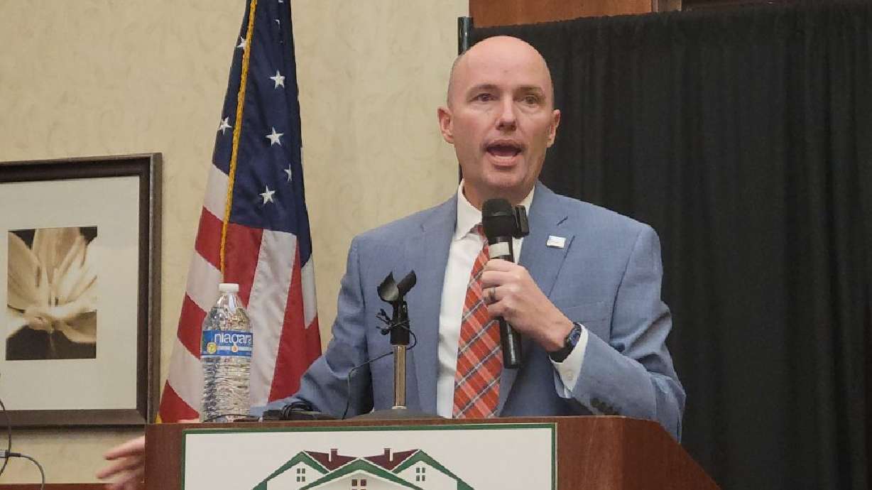 Utah Gov. Spencer Cox addresses a luncheon of the southern Utah Home Builder Association at the Hilton Garden Inn, St. George, Tuesday. He advocated for more housing on smaller lots.
