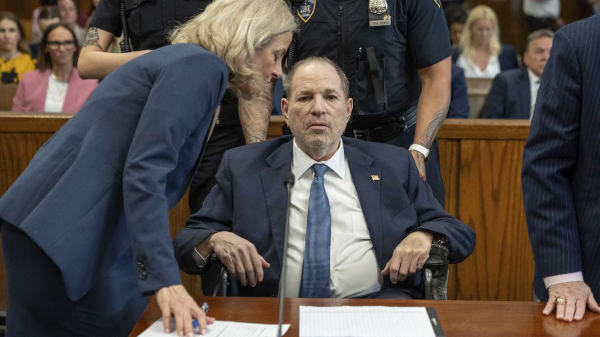 Harvey Weinstein appears at Manhattan criminal court for a preliminary hearing on Wednesday in New York. Weinstein made first appearance since his 2020 rape conviction was overturned by an appeals court last week.