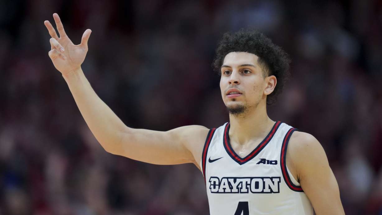 FILE - Dayton guard Koby Brea reacts to a 3-point basket during the second half of an NCAA college basketball game against Davidson, Tuesday, Feb. 27, 2024, in Dayton, Ohio. Brea, who led the nation in 3-point shooting last season at Dayton, will play his final season at Kentucky. Brea announced his decision on social media Wednesday, May 1, 2024, and is the fifth player this week and sixth overall to sign with the Wildcats from the transfer portal since new coach Mark Pope was hired April 12.