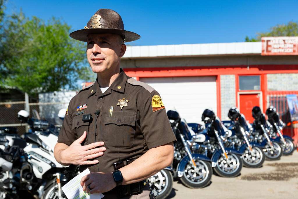 Utah Highway Patrol Maj. Jeff Nigbur speaks about motorcycle safety at a launch for the Utah Department of Public Safety’s new campaign for motorcycle safety, "Meet in the Middle," at Boneyard in West Valley City on Wednesday.