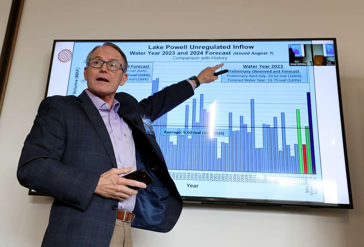 Gene Shawcroft, Utah commissioner to the Upper Colorado River Commission, speaks to Colorado River Collaborative journalists at Utah State University Moab in Grand County on April 25.