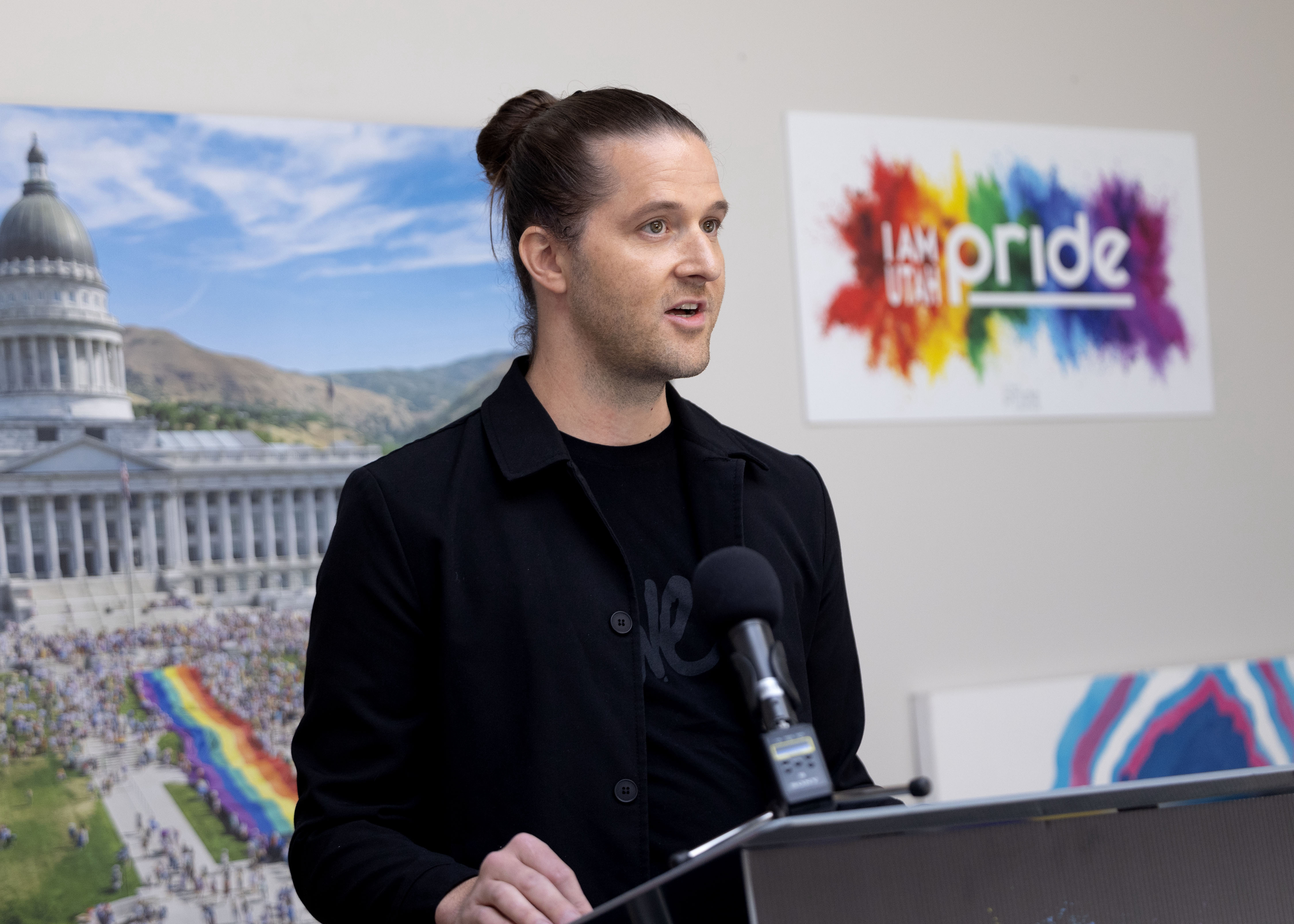 Utah Pride Center's newest executive director Chad Call speaks to the media in Salt Lake City on Wednesday.