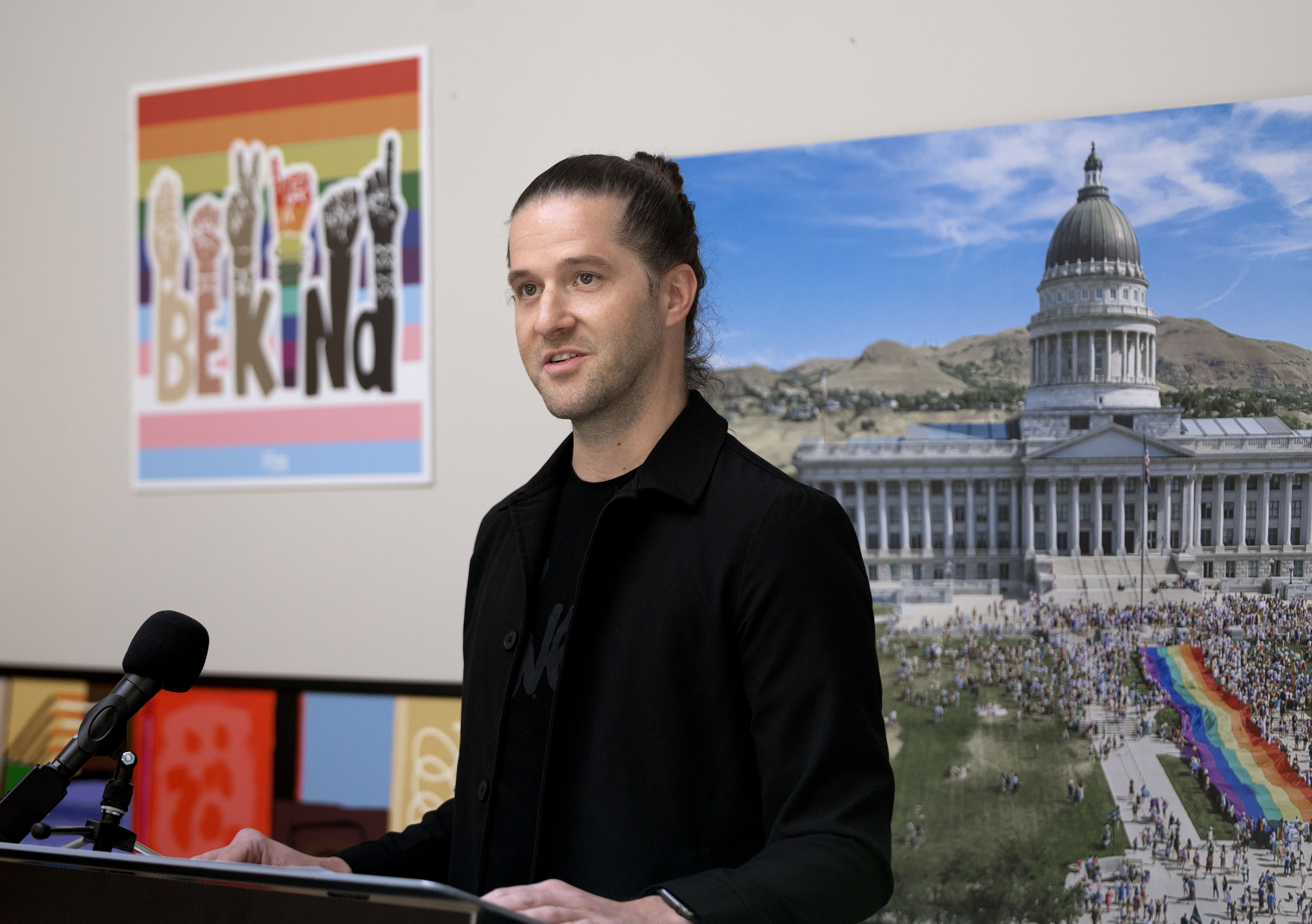 Chad Call, Utah Pride Center's newest executive director, speaks to the media in Salt Lake City on Wednesday, May 1, 2024.