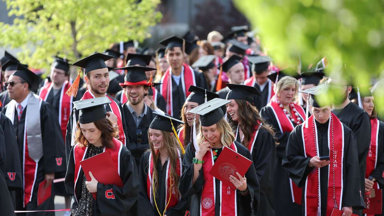 Students walk during University of Utah's commencement in Salt Lake City on May 4, 2023. After pro-Palestinian protests on campus, the university is shifting its attention to its commencement and convocation ceremonies Thursday and Friday.