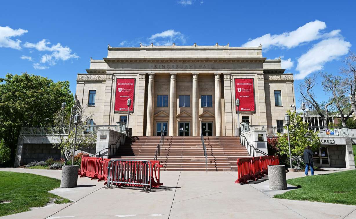 Sections of fence have been set up to help direct people into Kingsbury Hall in Salt Lake City on Wednesday. In the aftermath of a pair of pro-Palestinian protests, University of Utah moves ahead to planned commencement exercises. Weapons detectors will be used at each venue and other restrictions similar to those for athletic events will be observed.