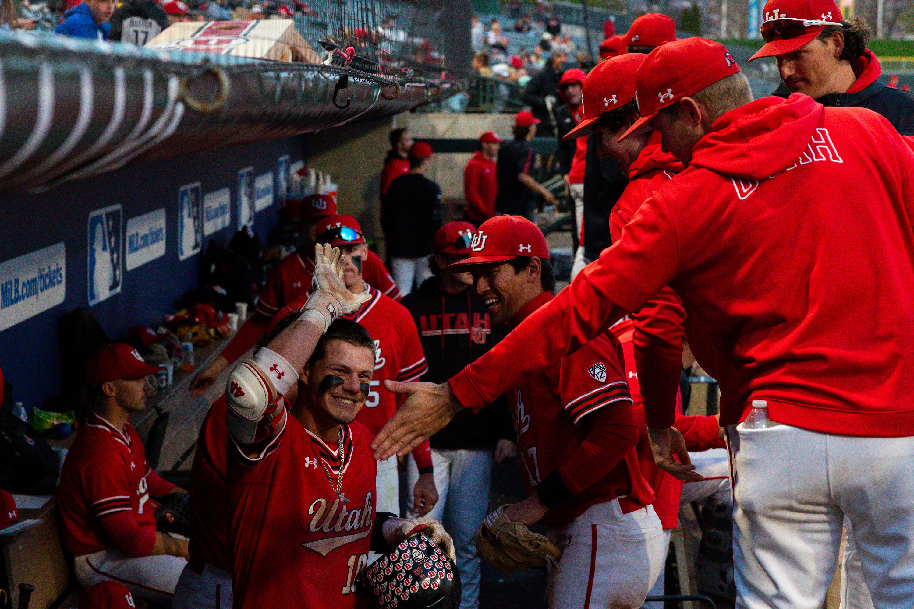 Utah Utes Core Jackson (10) celebrates in the dugout after his home run during a college baseball game between the Utah Utes and the Brigham Young Cougars at Smith's Ballpark in Salt Lake City on Tuesday, April 9, 2024.
