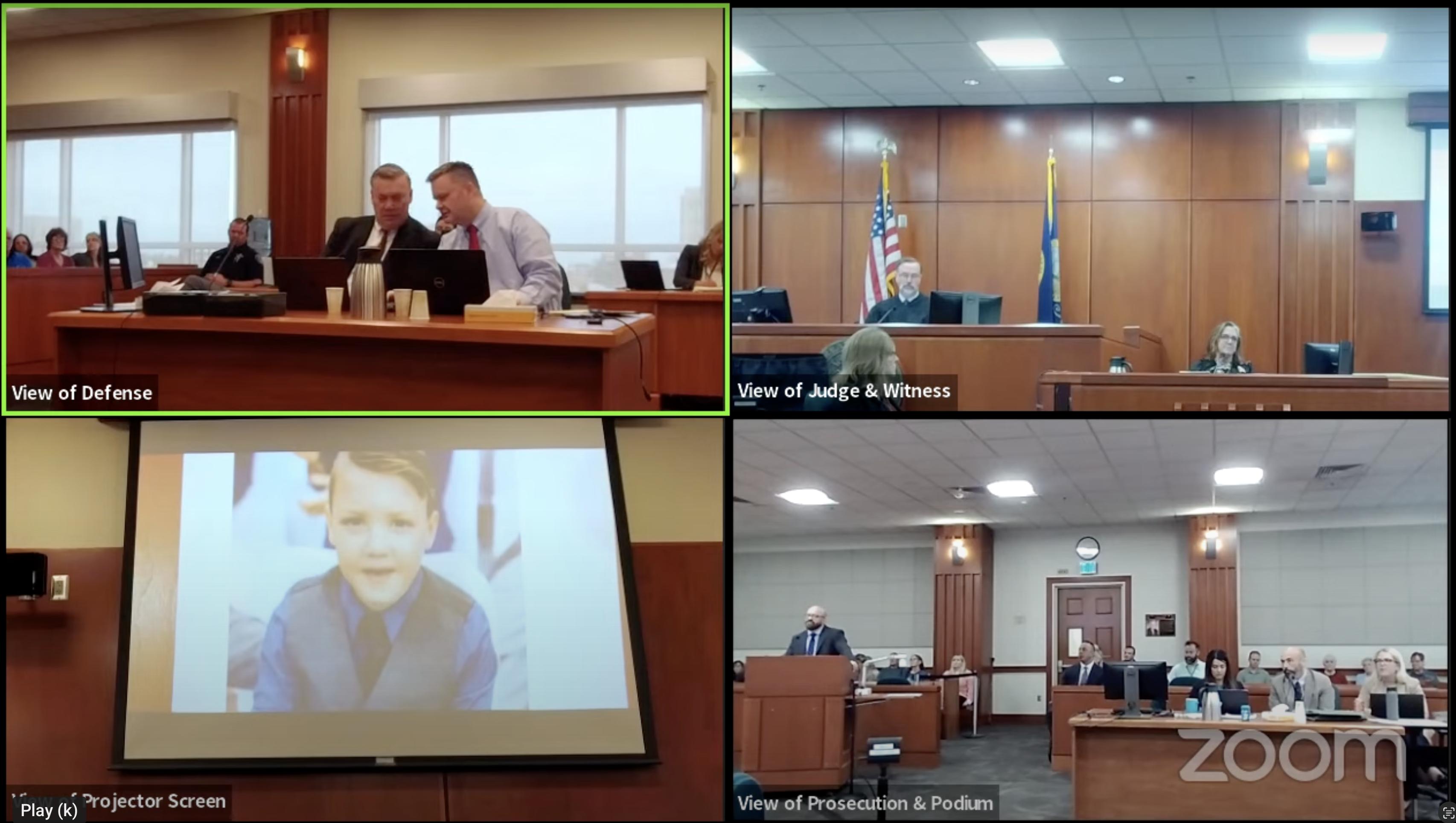 Chad Daybell speaks with his attorney as Kay Woodcock, JJ's grandmother, testifies in his murder trial on Thursday. Woodcock identified her grandson JJ in the photo shown on the projector screen.