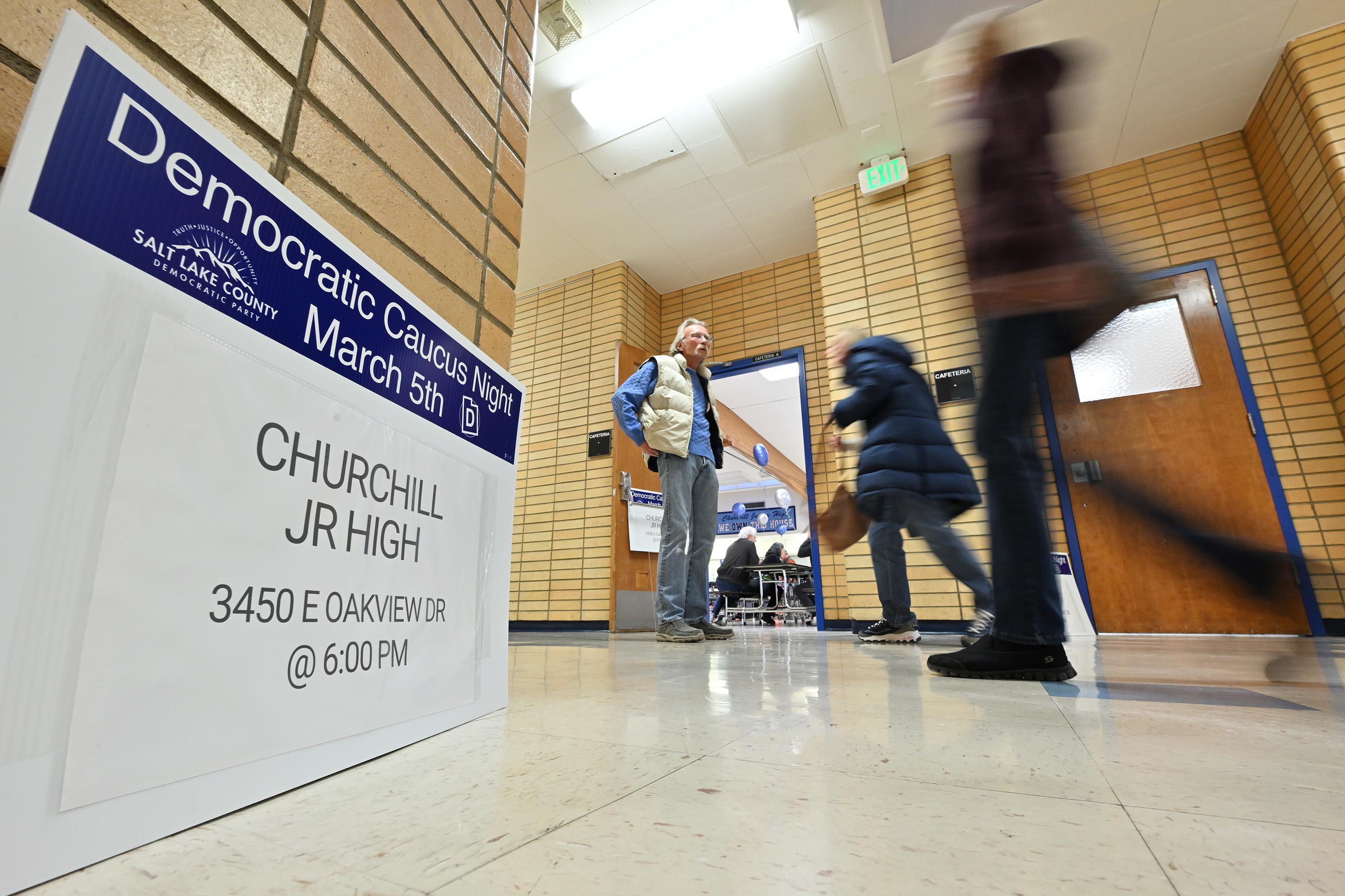 Democrats gather at Churchill Junior High in Millcreek on March 5. Democratic congressional candidate Brian Adams withdrew from the 2nd District race after delegates took issue with his positions criticizing President Joe Biden.