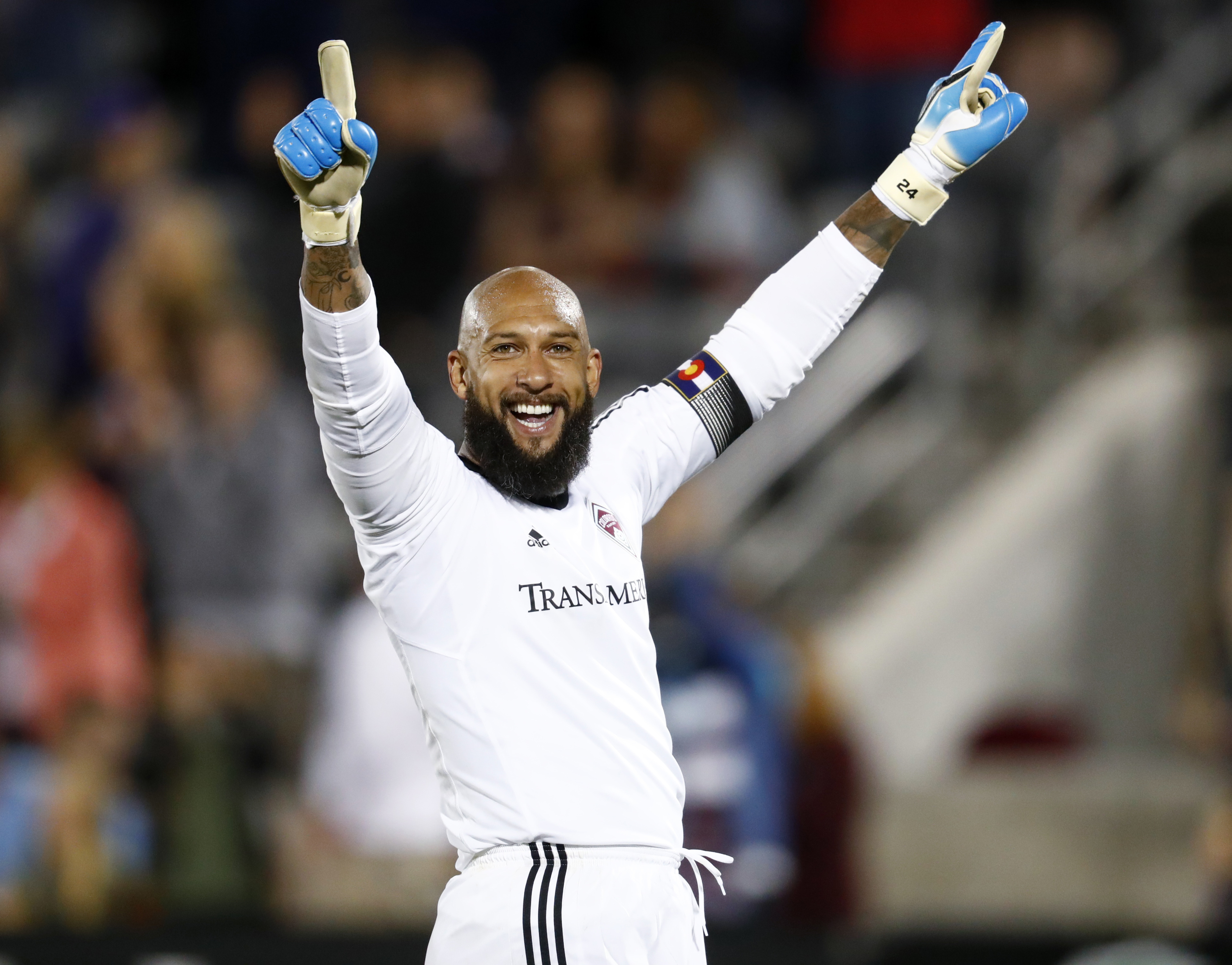 FILE -Colorado Rapids goalkeeper Tim Howard celebrates as time runs out in the team's MLS soccer match against the Portland Timbers on Saturday, June 17, 2017, in Commerce City, Colo. The Rapids won 2-1. Tim Howard will join Tony Meola, Kasey Keller and Brad Friedel on Saturday, May 4, 2024, as modern-era American goalkeepers in the U.S. National Soccer Hall of Fame.