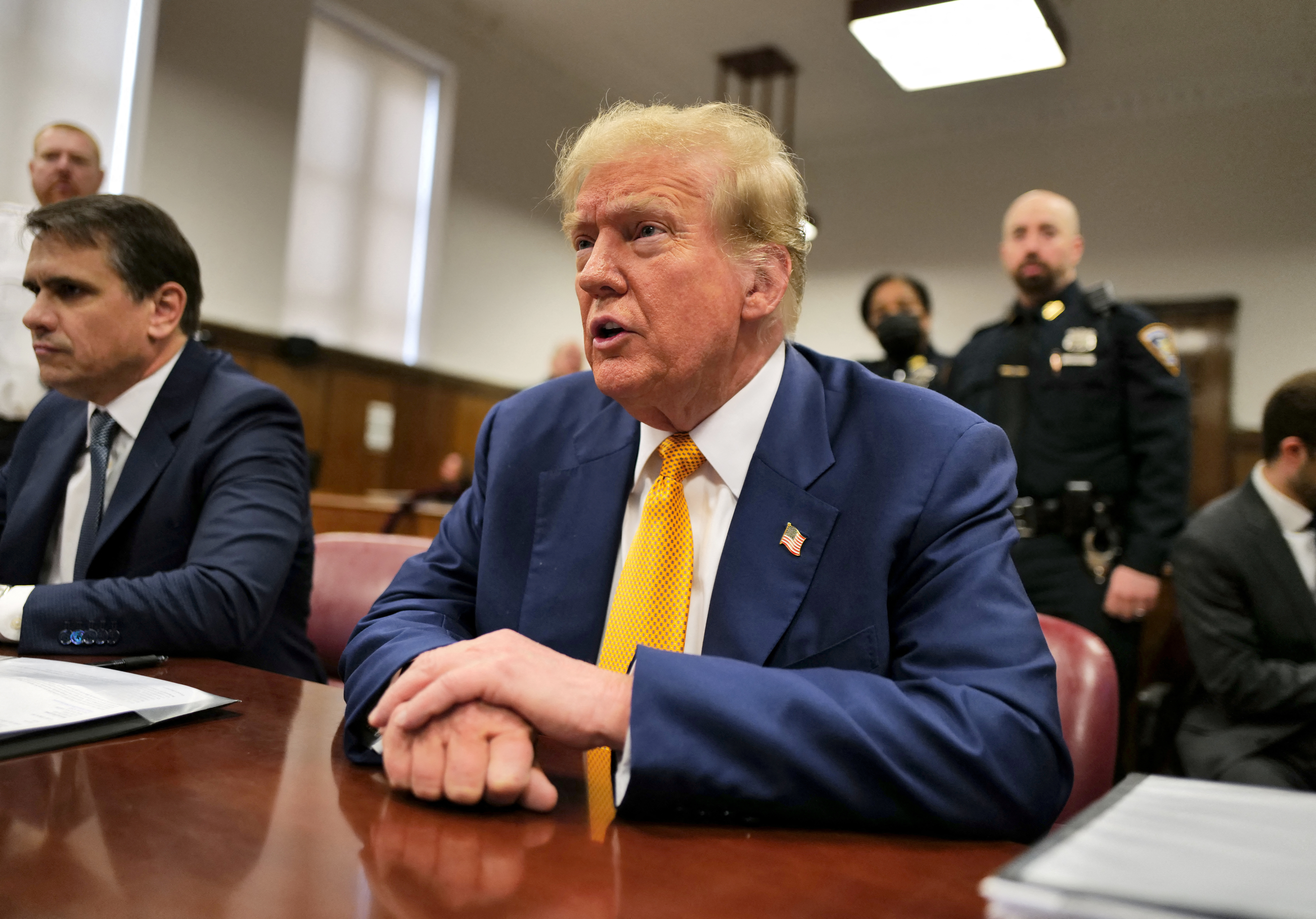 Former president Donald Trump attends his trial for allegedly covering up hush money payments linked to extramarital affairs, at Manhattan Criminal Court in New York City, on Thursday.