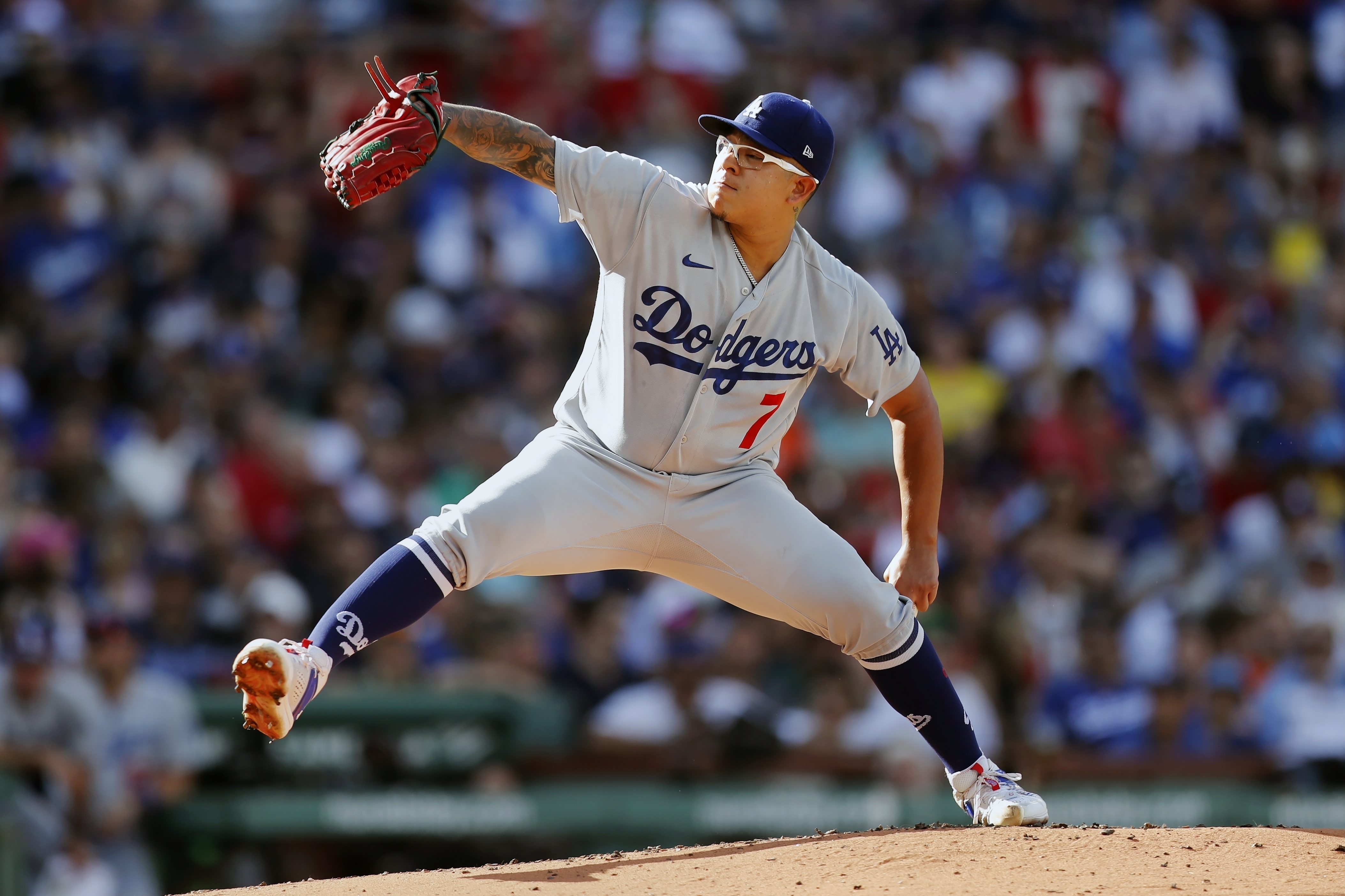 FILE - Los Angeles Dodgers starting pitcher Julio Urias pitches during the first inning of a baseball game against the Boston Red Sox, Aug. 26, 2023, in Boston. The former Los Angeles Dodgers pitcher Urías has been charged with five misdemeanors stemming from his his arrest last September on suspicion of domestic violence, authorities said Tuesday April, 9, 2024.