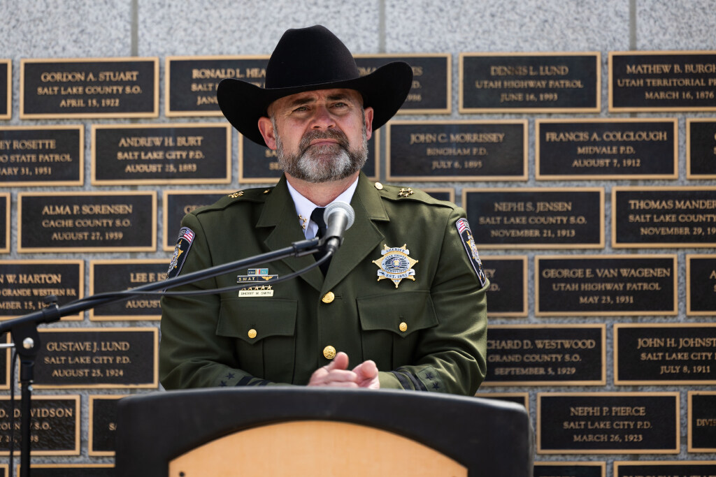 Utah County Sheriff Mike Smith speaks about deputy James Hand, whose name was added to the memorial wall, during a memorial service at the Utah Law Enforcement Memorial outside of the Utah Capitol in Salt Lake City on Thursday.