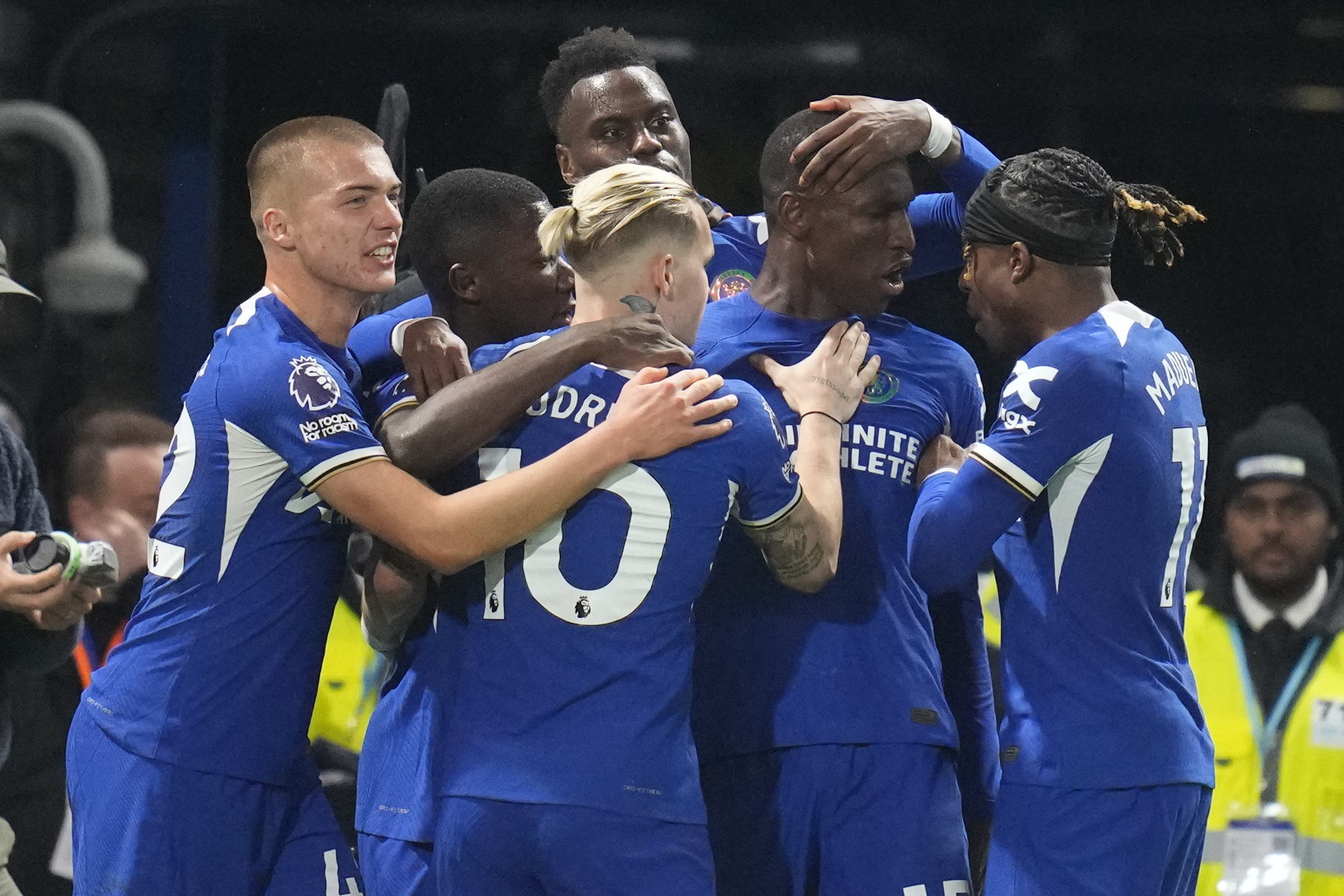 Chelsea's Nicolas Jackson, centre right, celebrates after scoring his side's second goal during the English Premier League soccer match between Chelsea and Tottenham Hotspur at Stamford Bridge stadium in London, Thursday, May 2, 2024.