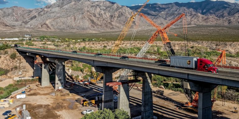 The Virgin River Bridge No. 1 Project, rebuilding of the bridge is seen in full swing near Beaver Dam, Ariz., Aug. 4, 2022. The interstate near the Virgin River Gorge’s southern end is once again clear for motorists.