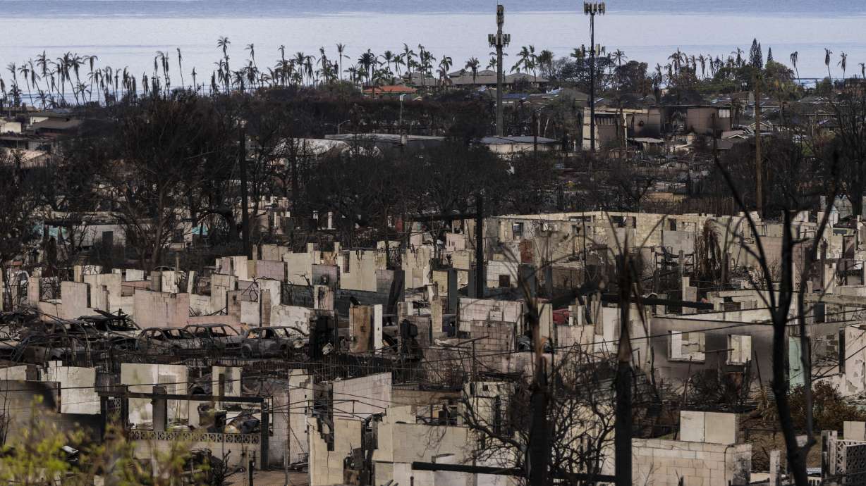 A general view shows the aftermath of a wildfire in Lahaina, Hawaii, Aug. 21, 2023. Maui County is suing major cellular carriers for failing to properly inform police of widespread service outages during the height of the deadly wildfire.