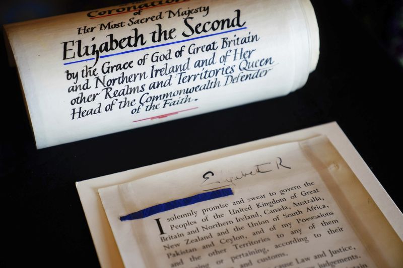 The Coronation Roll of Queen Elizabeth II on display at Buckingham Palace, central London before King Charles III and Queen Camilla were presented with their own Coronation Roll, an official record of their Coronation, Wednesday.