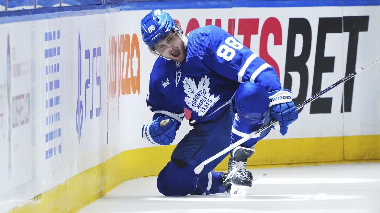 Toronto Maple Leafs' William Nylander (88) celebrates after his goal against the Boston Bruins during third-period action in Game 6 of an NHL hockey Stanley Cup first-round playoff series in Toronto, Thursday, May 2, 2024.