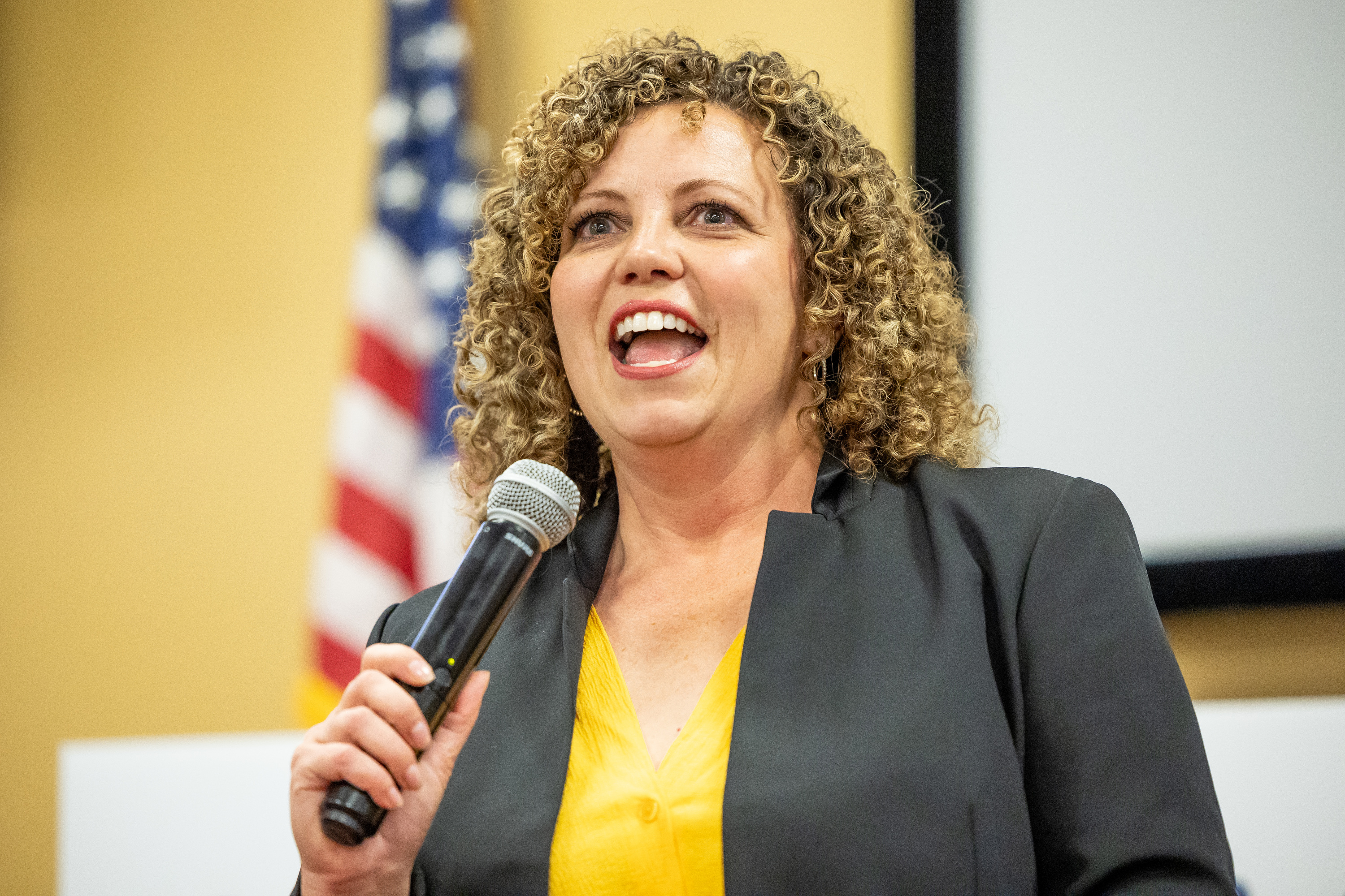 Rep. Celeste Maloy talks to supporters in West Valley City on Nov. 21, 2023. Maloy says Sen. Mike Lee's surprising and unannounced support for her opponent is "a very unnecessary rift within the Utah delegation."