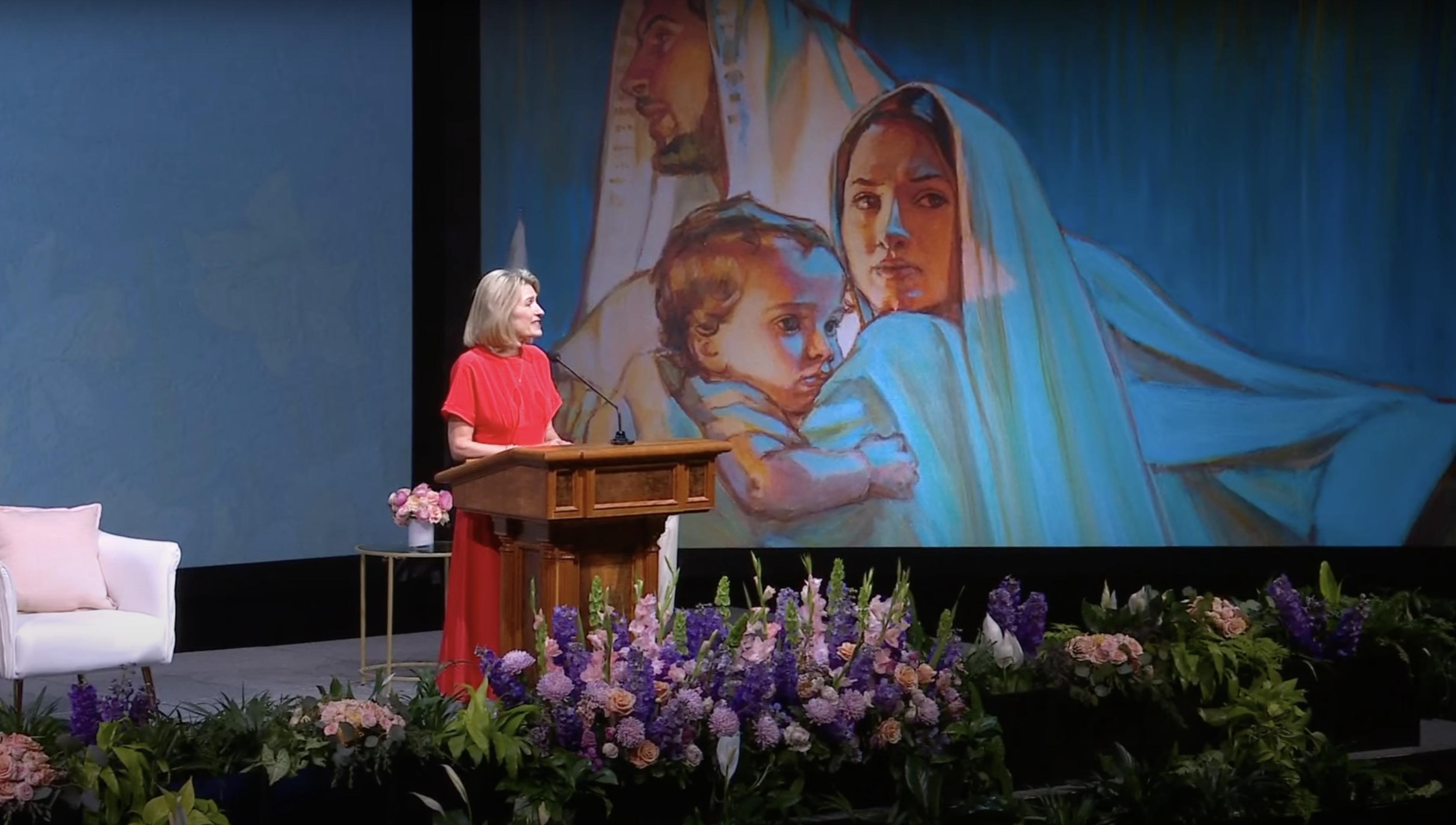 President Camille N. Johnson, of the Relief Society, speaks to women in the church in a message at BYU's Women's Conference on Friday.