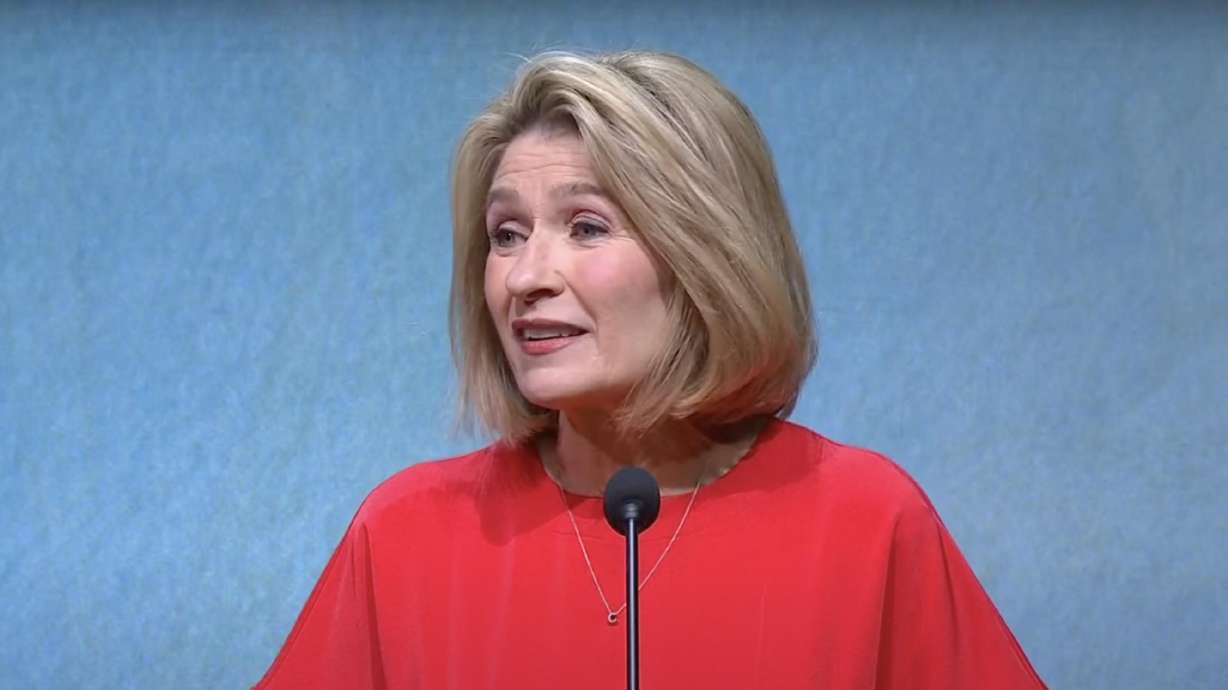 President Camille N. Johnson, president of the Relief Society of The Church of Jesus Christ of Latter-day Saints, speaks to women in the church in a message at BYU's Women's Conference on Friday.