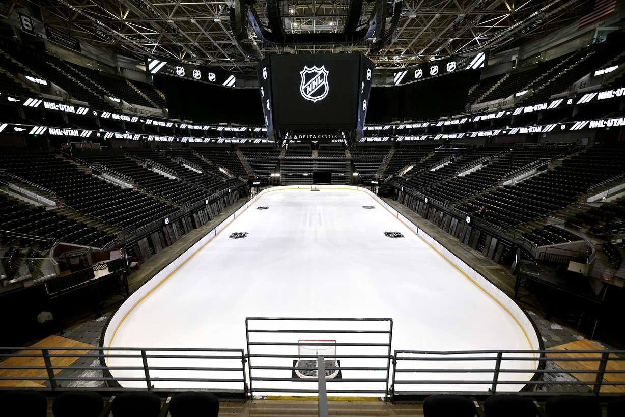 The Delta Center ice prior to Ryan Smith, co-founder and chairman of Smith Entertainment Group, Ashley Smith, co-founder of Smith Entertainment Group, and NHL commissioner Gary Bettman gathering in Salt Lake City to announce that the NHL would be coming to Utah on April 18.