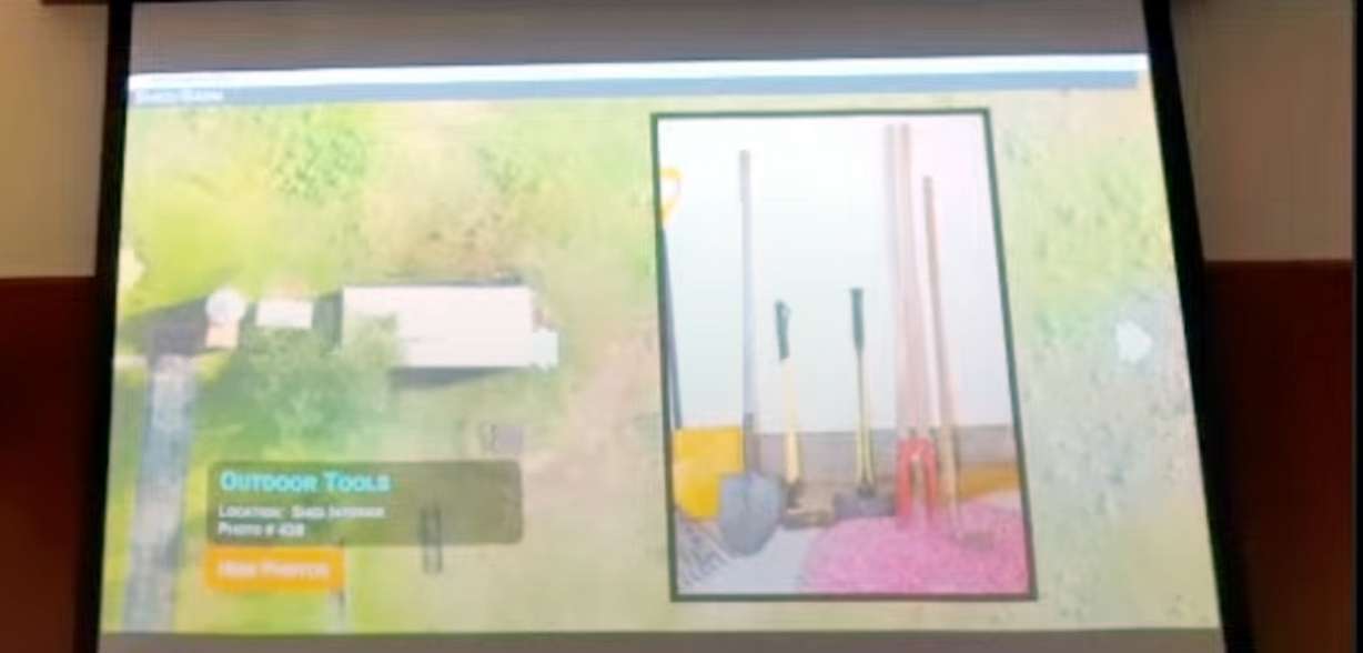 A graphic showing a map of Chad Daybell's Salem, Idaho, property and a photo of several yard tools found there is projected to the courtroom during Daybell's murder trial on Friday. Daybell is charged with the murders of JJ Vallow, Tylee Ryan and Tammy Daybell.