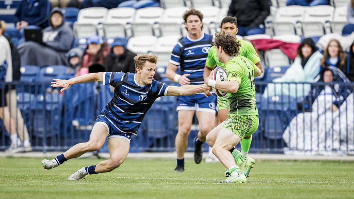 BYU men's rugby scrum half Wyatt Parry makes a tackle during a 30-15 loss to Life University, March 23, 2024. Parry was named the 2024 Rudy Scholtz Award winner, given to the best player in men's collegiate rugby by the Washington Athletic Club.
