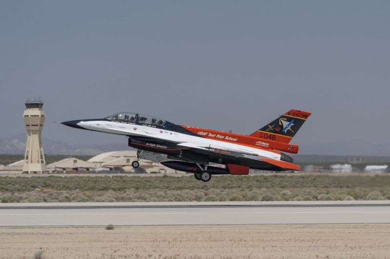 The X-62A VISTA aircraft, an experimental AI-enabled Air Force F-16 fighter jet, takes off on Thursday at Edwards Air Force Base, Calif. The flight is serving as a public statement of confidence in the future role of AI in air combat.