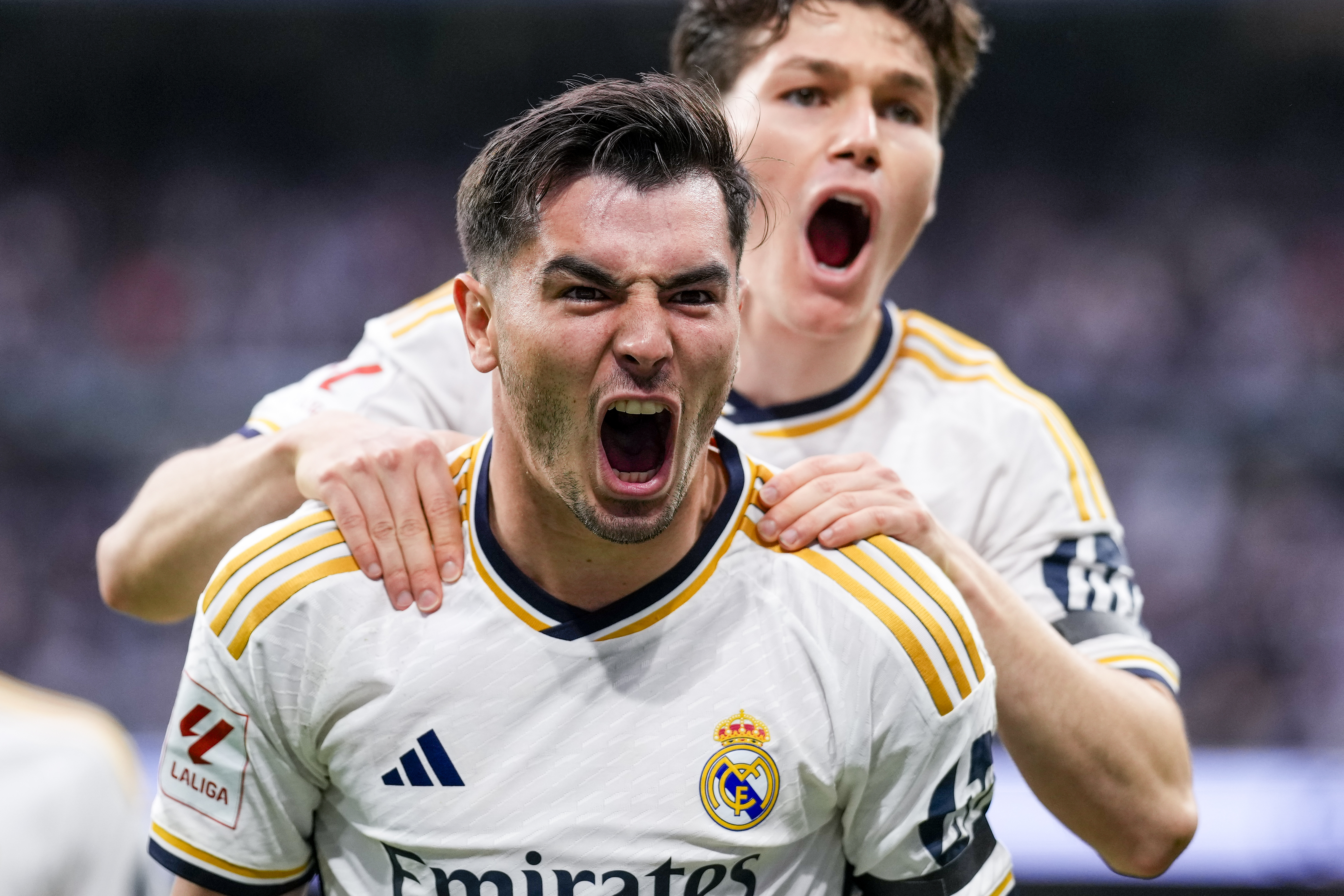 Real Madrid's Brahim Diaz celebrates after scoring his side's opening goal during the the Spanish La Liga soccer match between Real Madrid and Cadiz at the Santiago Bernabeu stadium in Madrid, Spain, Saturday, May 4, 2024.