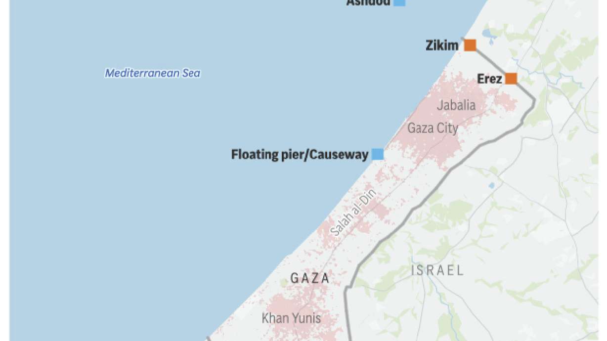 An illustration of land and sea routes for humanitarian aid in the Gaza Strip. Israel has closed its main crossing point for delivering humanitarian aid for Gaza after Hamas militants attacked it.