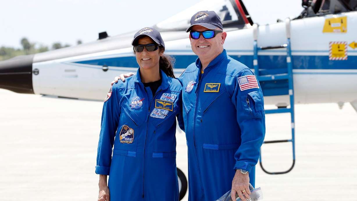 NASA astronauts Suni Williams, left, and Butch Wilmore at Starliner's launch site in Florida on April 25. Boeing's spaceflight program may reach a milestone Monday night with the launch of its Starliner spacecraft, carrying two NASA astronauts to orbit.