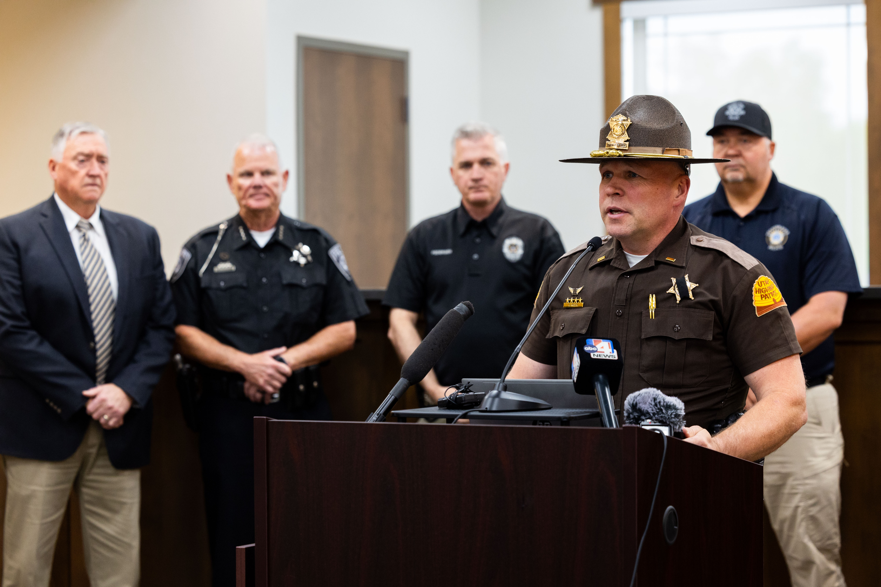 Utah Highway Patrol Sgt. Cameron Roden speaks during a press conference after a Santaquin police officer was hit by a vehicle and killed at Santaquin City Hall in Santaquin on Sunday.