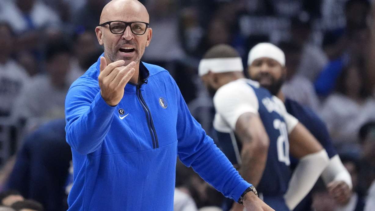 Dallas Mavericks head coach Jason Kidd gestures to his team during the first half in Game 5 of an NBA basketball first-round playoff series against the Los Angeles Clippers Wednesday, May 1, 2024, in Los Angeles.