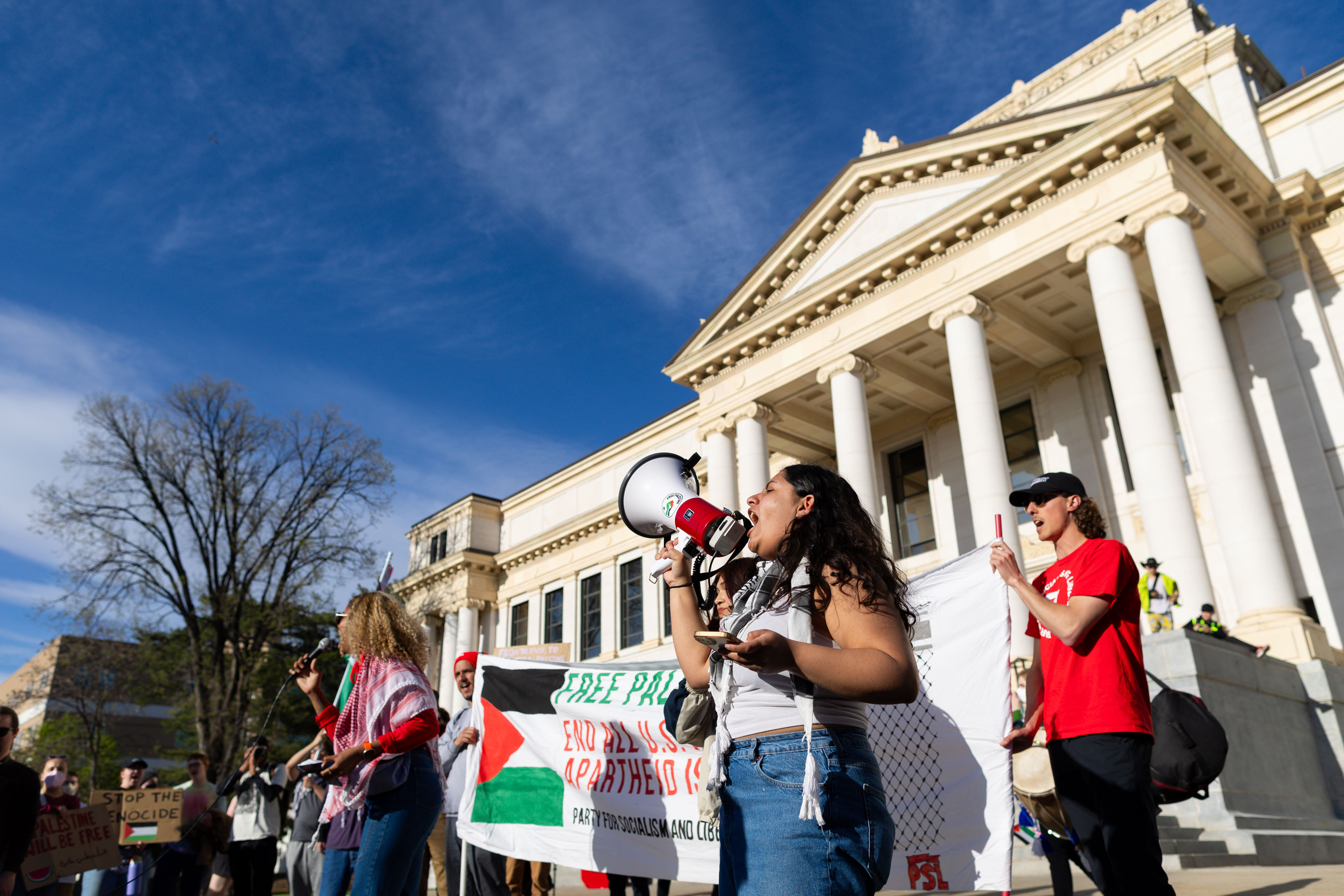 Demonstrators gather in support of Palestine and to defend the right for students to assemble at the University of Utah in Salt Lake City on April 30. Over 200 faculty have signed an open letter to University of Utah President Taylor Randall criticizing the school's protest response to a pair of pro-Palestinian protests last week.
