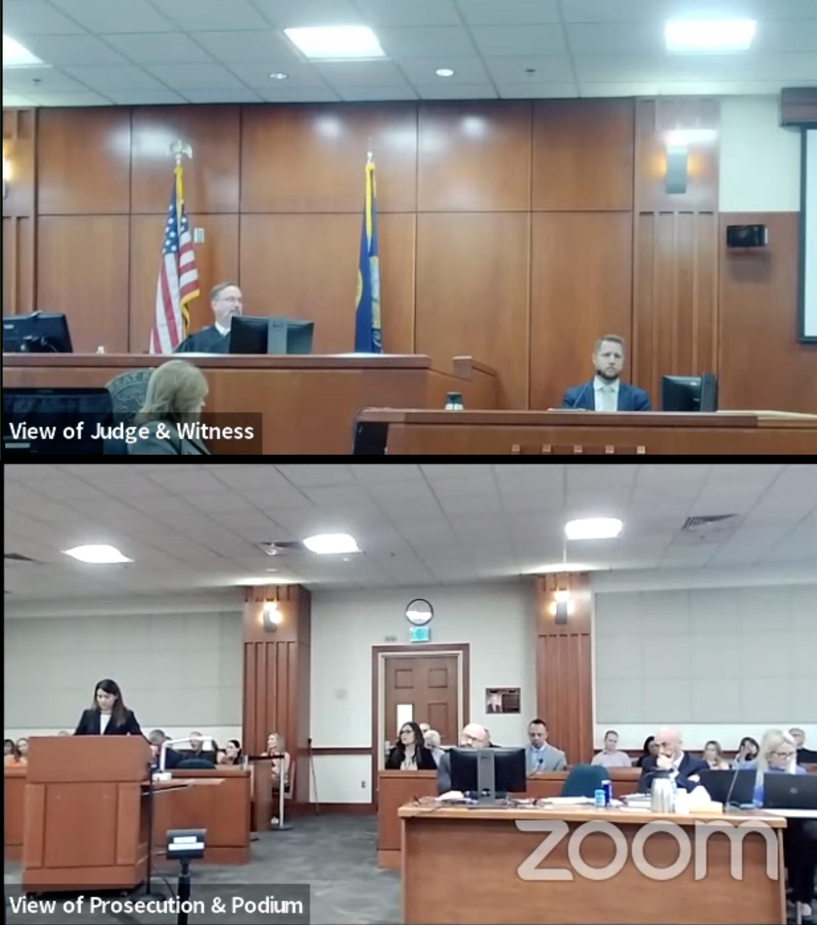 Courtroom video shows Ian Pawlowski testifying in Chad Daybell's murder trial (top), while prosecutor Lindsey Black questions him (bottom), in Boise on Monday.