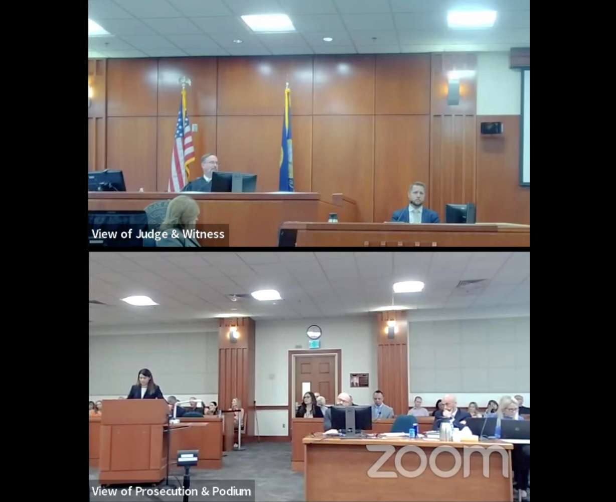 Courtroom video shows Ian Pawlowski testifying in Chad Daybell's murder trial (top), while prosecutor Lindsey Black questions him (bottom), in Boise on Monday.