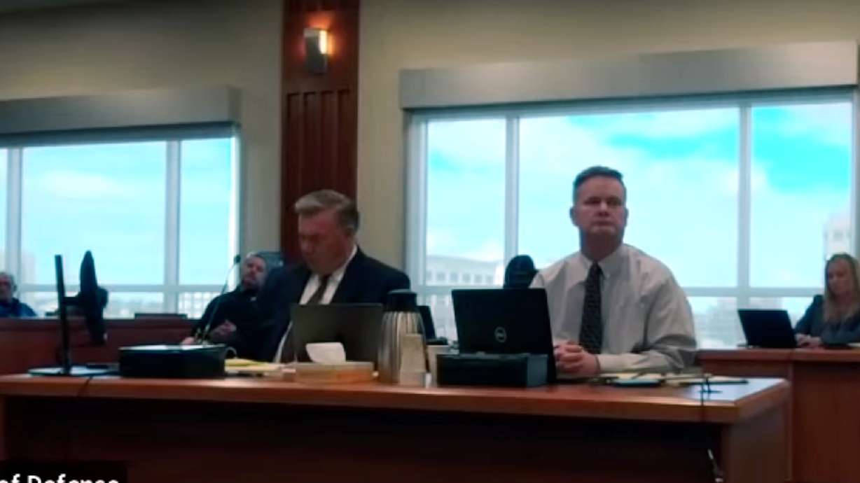 Courtroom video shows Chad Daybell (right) seated next to his attorney, John Prior, during his murder trial in Boise on Monday. Jurors heard testimony on Monday from Melani Pawlowski and her husband, Ian Pawlowski, about the influence Daybell had over their small religious group.