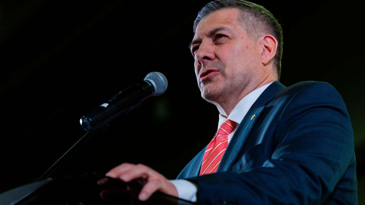 Stewart Peay, running for the 3rd Congressional District, speaks at the Utah Republican Party state nominating convention in Salt Lake City on April 27. Sen. Mitt Romney endorsed Peay on Wednesday.