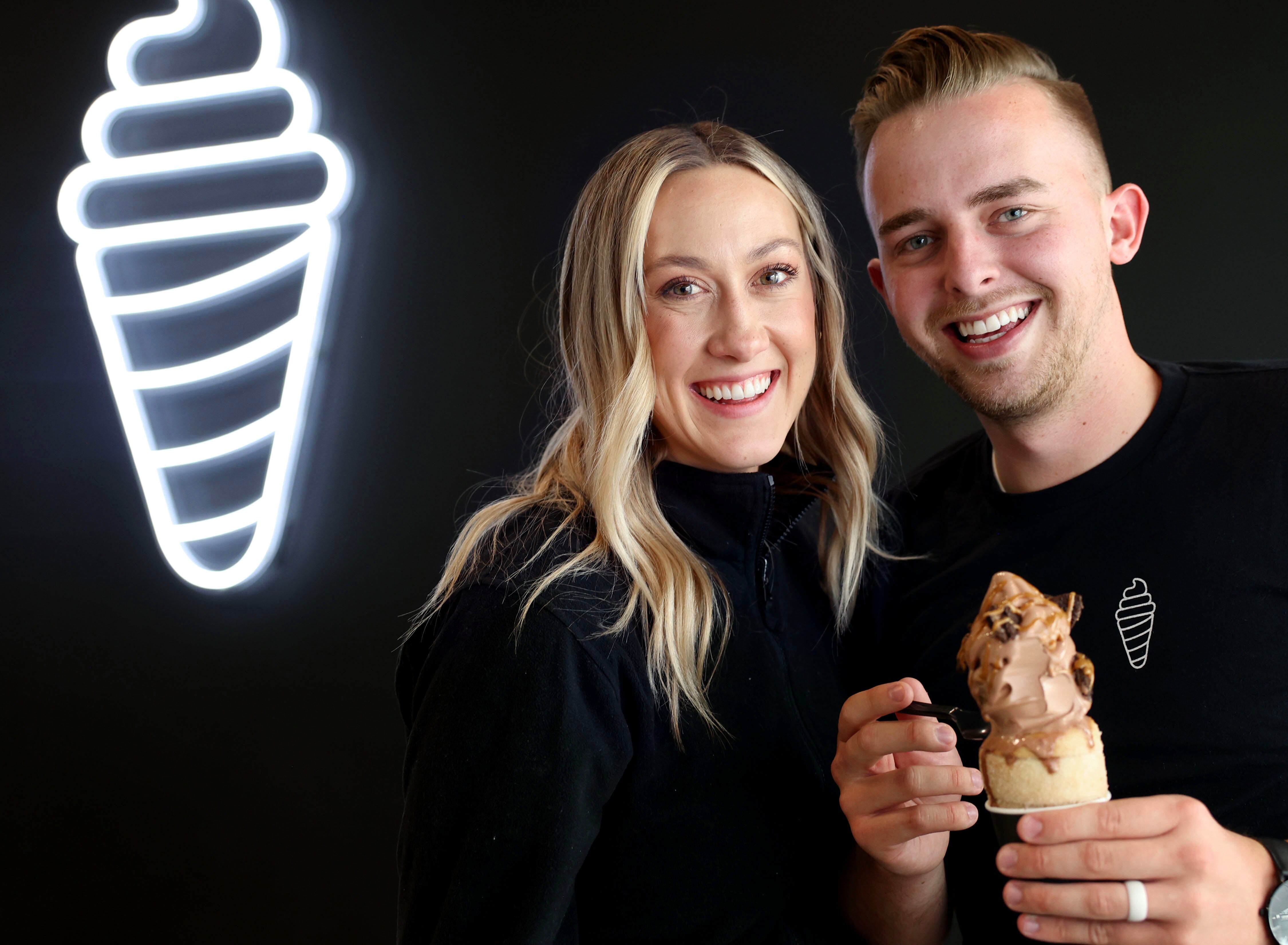 Kaitlyn and Jeremy Carlson, founders and owners of Crispy Cones, are photographed at Crispy Cones in Provo on April 19.