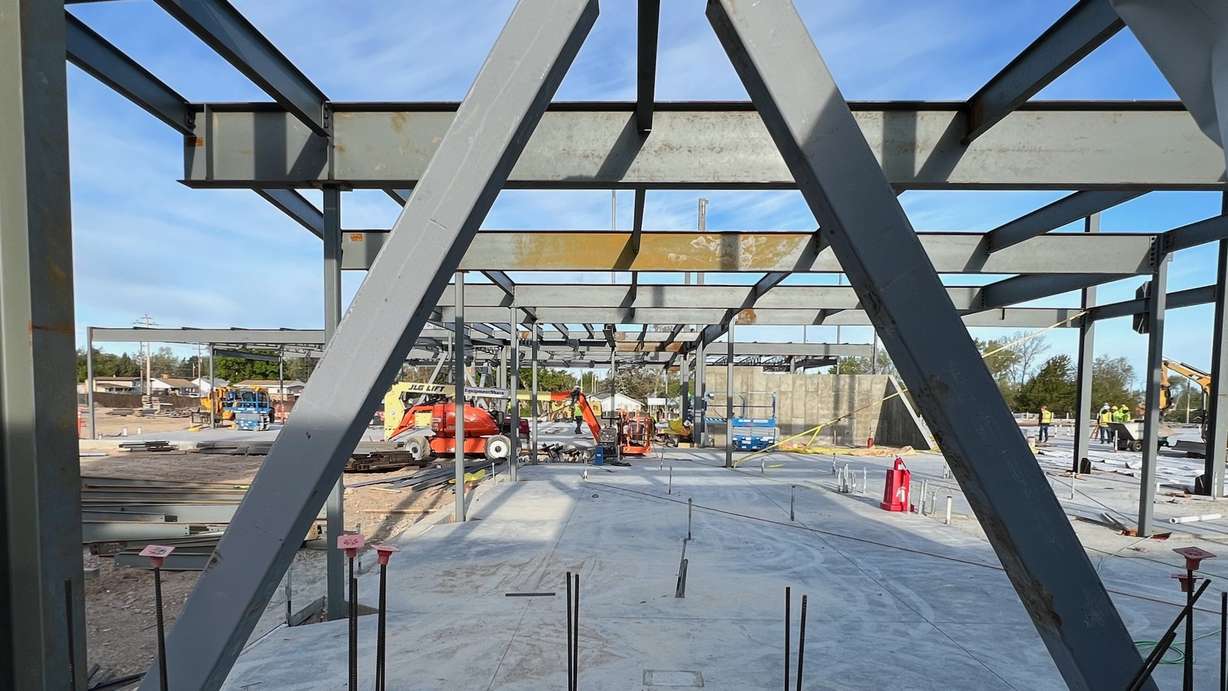 The photo shows the ongoing rebuild of Roosevelt Elementary in Washington Terrace, one of four school projects contemplated in a $279 million Weber School District bond issue approved in 2021. The original slate of plans will require an additional $60 million bond issue due to rising costs.