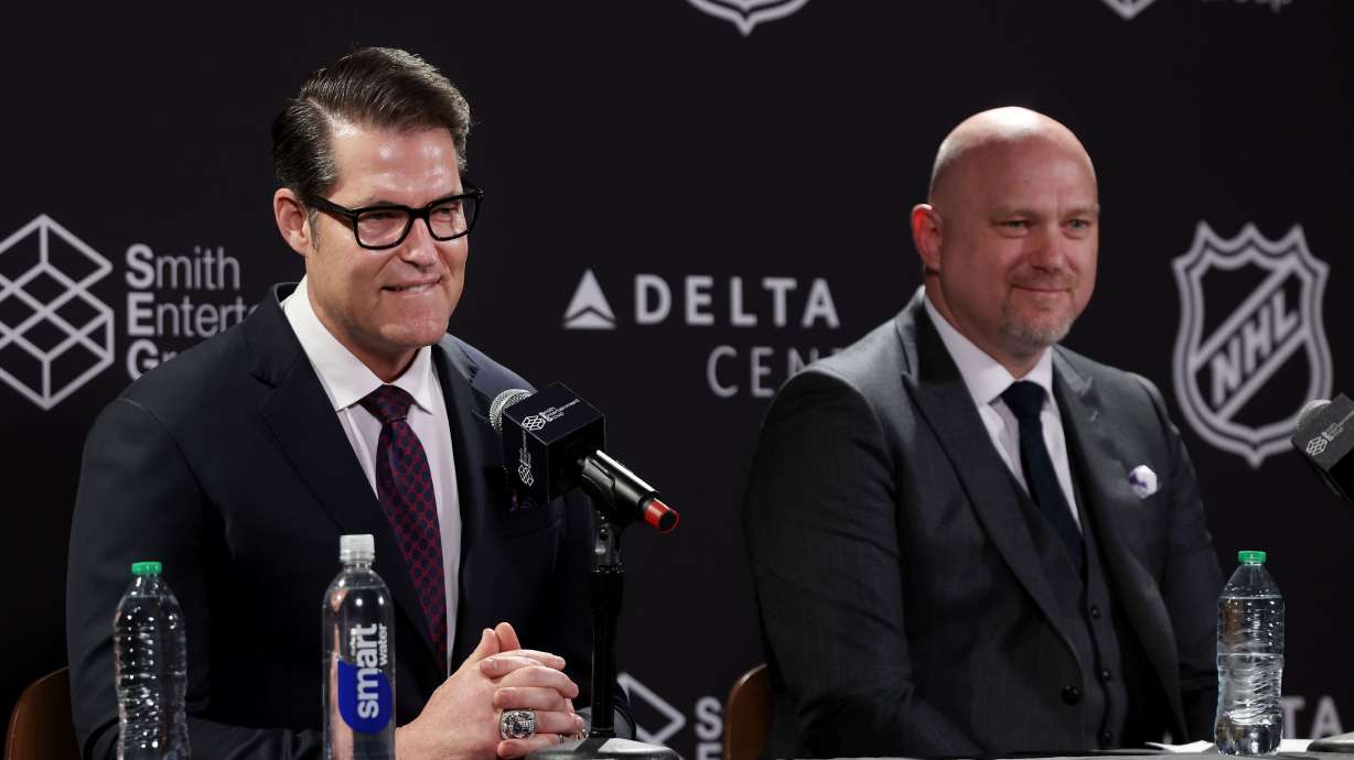 General Manager Bill Armstrong and Coach André Tourigny speak to the media prior to an NHL welcome party at the Delta Center in Salt Lake City on Wednesday, April 24, 2024.