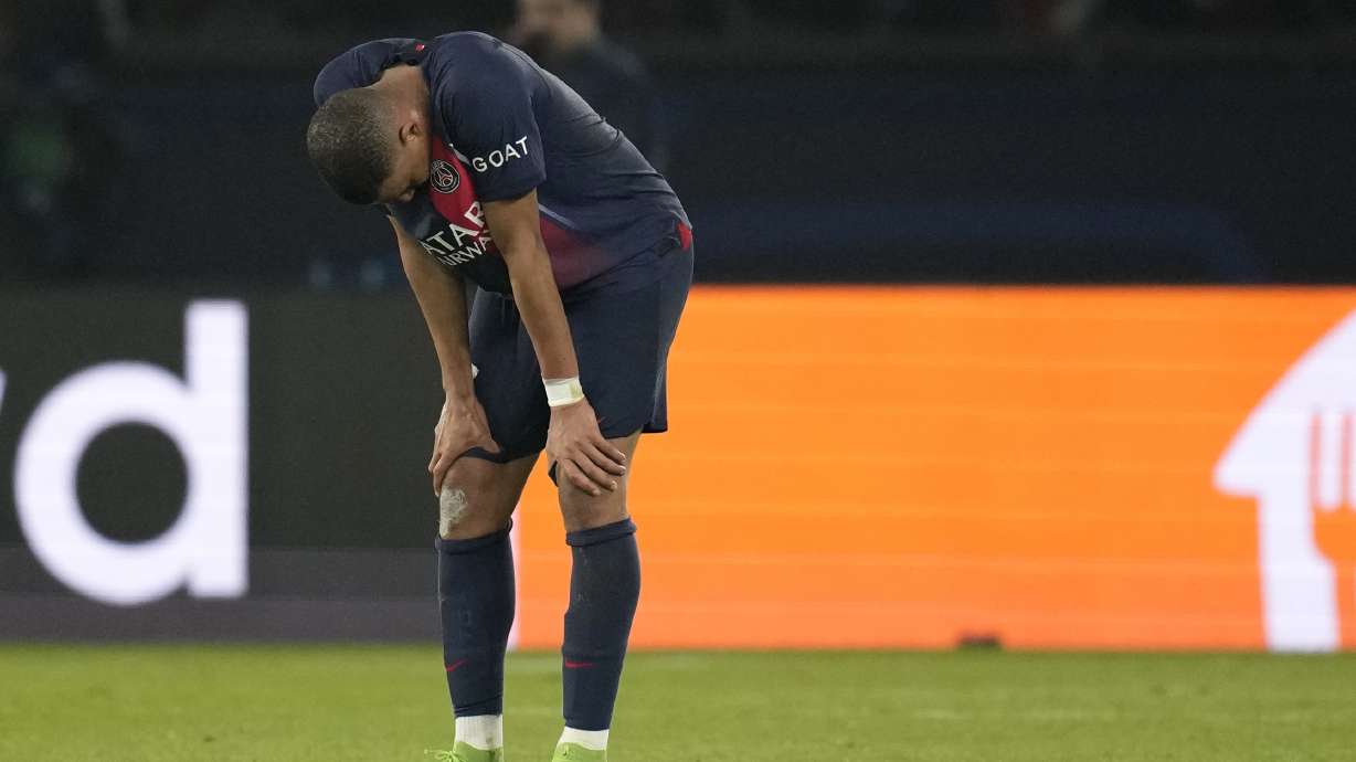 PSG's Kylian Mbappe reacts after the Champions League semifinal second leg soccer match between Paris Saint-Germain and Borussia Dortmund at the Parc des Princes stadium in Paris, France, Tuesday, May 7, 2024.
