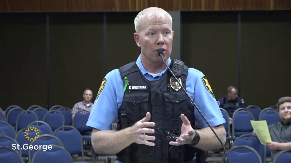 St. George Police Chief Kyle Whitehead speaks to the City Council about the city’s new golf cart ordinance, St. George, Thursday. Driving a golf cart down certain streets is now legal following a unanimous vote by the City Council last week.