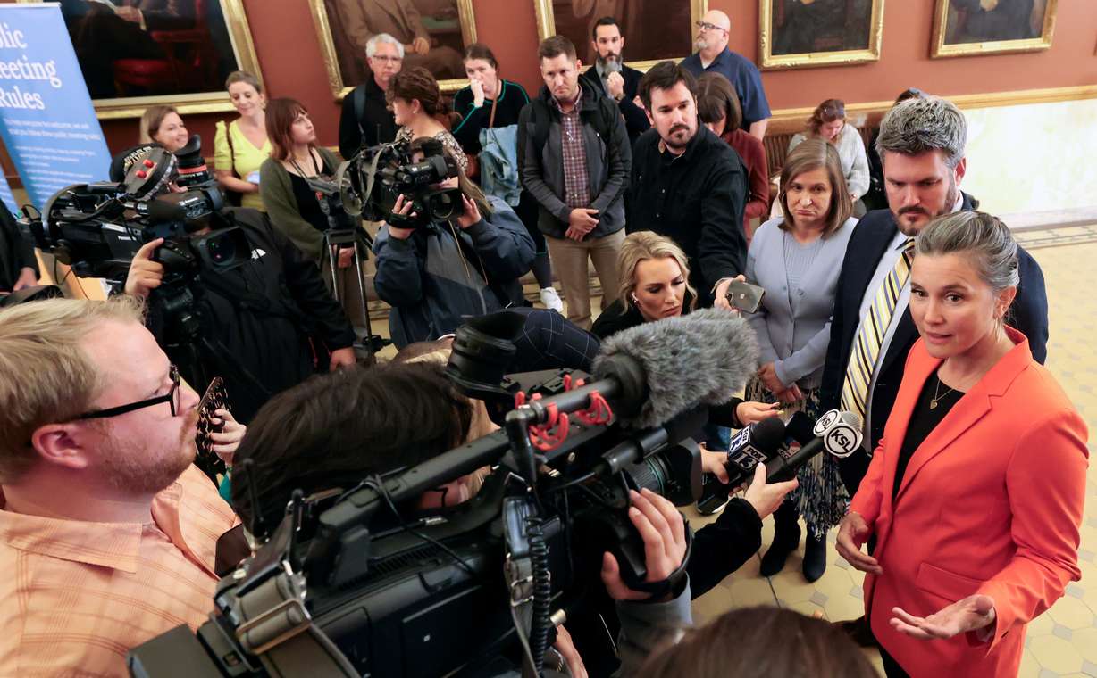 Salt Lake City Mayor Erin Mendenhall talks to the media about a proposed Capital City Revitalization Zone and redeveloping around the Delta Center for an incoming NHL team outside of a Salt Lake City Council meeting at the Salt Lake City and County Building in Salt Lake City on Tuesday.