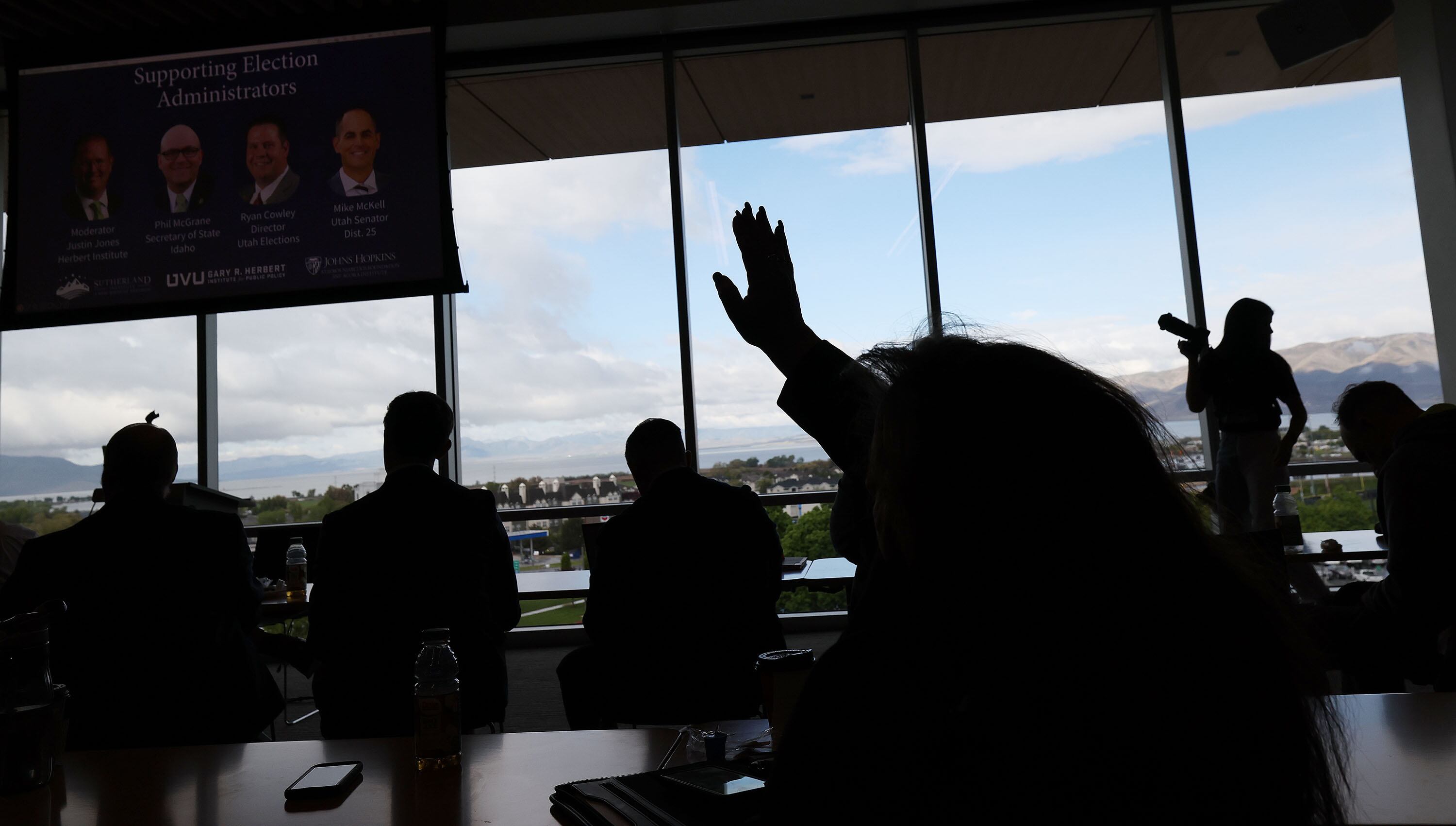 An attendee tries to ask a question at the Sutherland Institute Election Trust Forum at Utah Valley University in Orem on Tuesday. Utah leaders are at the forefront of a nationwide initiative to increase election confidence among conservative voters.