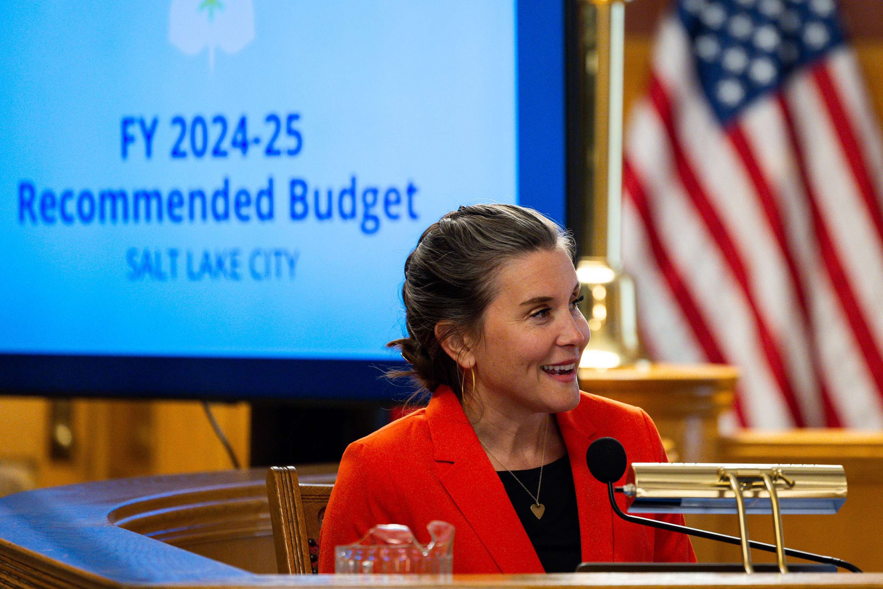 Salt Lake City Mayor Erin Mendenhall shares the 2024-25 recommended budget at a Salt Lake City Council meeting Tuesday.