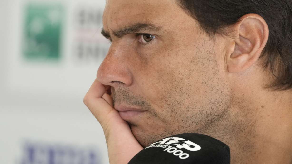 Rafael Nadal, of Spain, attends a press conference at the Italian Open tennis tournament in Rome, Wednesday, May 8, 2024.