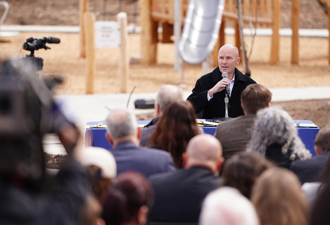 Gov. Spencer Cox addresses attendees at the signing of 2024 legislation to help aid the homeless.